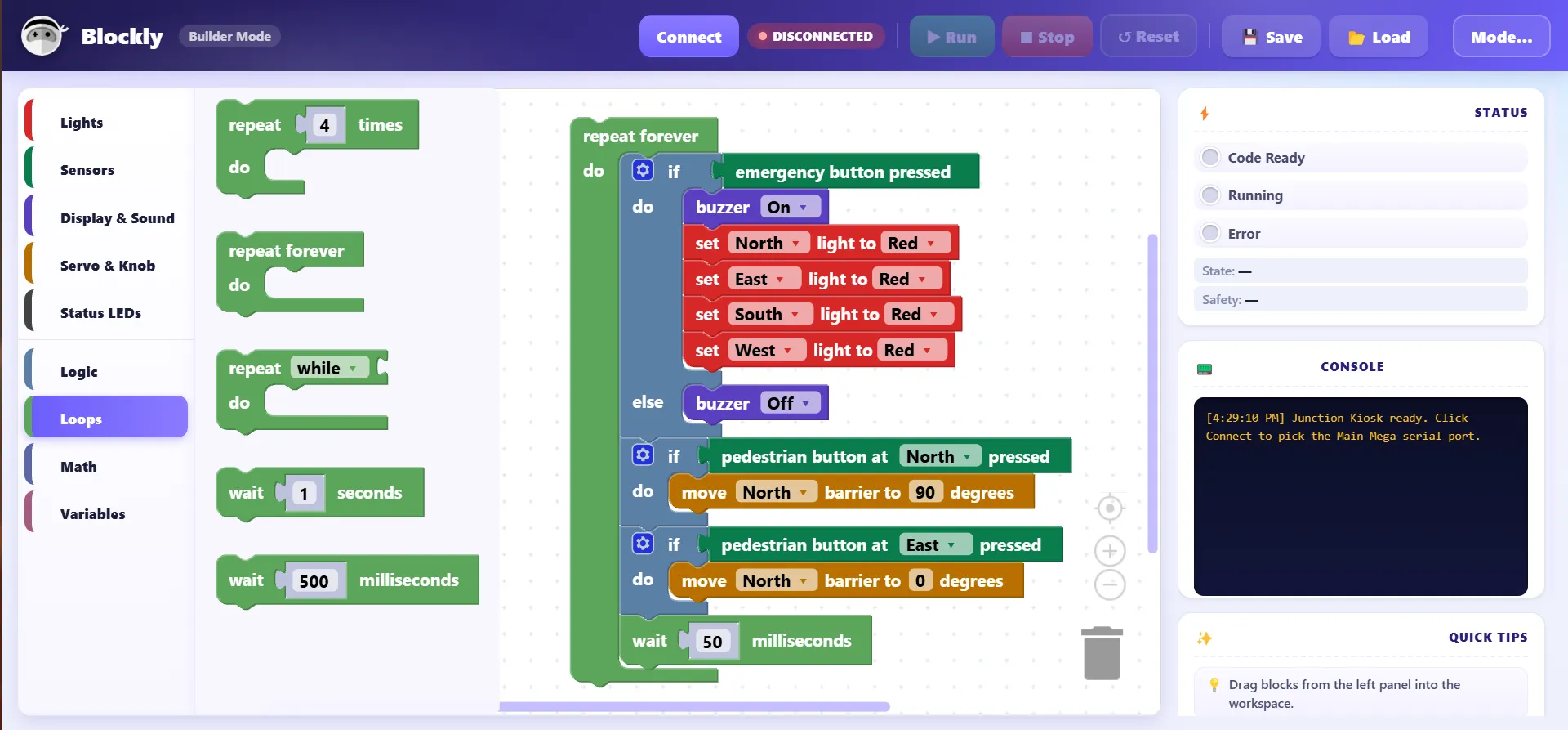 Blockly builder showing a traffic junction program: on emergency, sound the buzzer and set all lights to red; when a pedestrian button is pressed, move the barrier