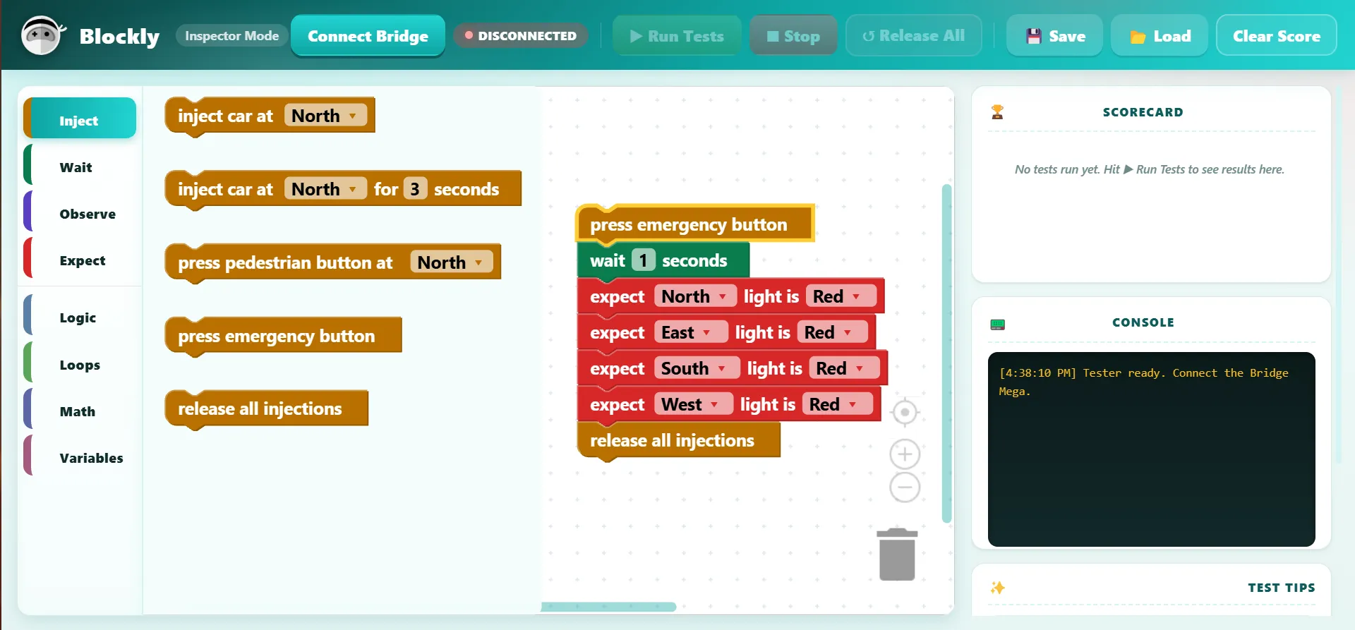Blockly test screen: inject cars and press the emergency button, then expect every light to be red, with a scorecard of results
