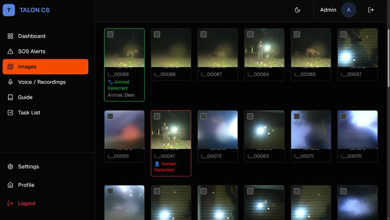 TALON command centre image grid, with images tagged as animal or human detected
