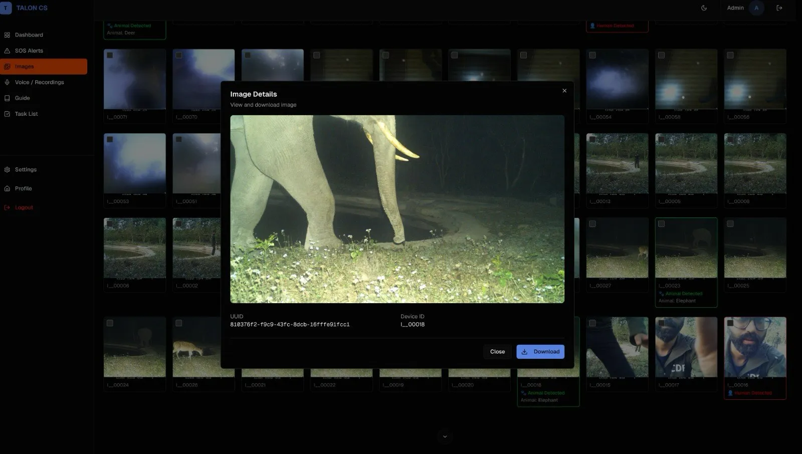 TALON command centre showing a night image of a tusker received from a camera node