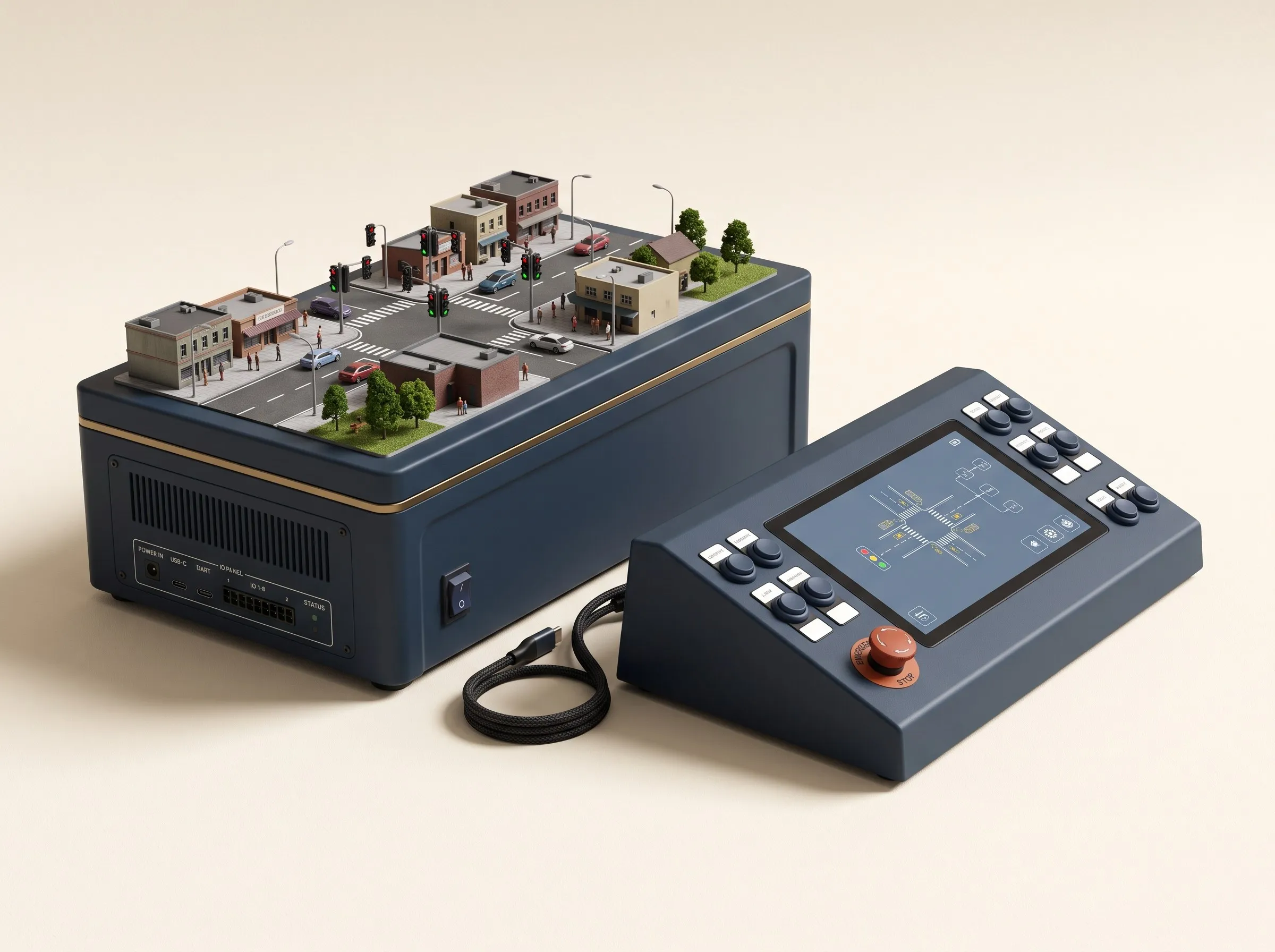 Render of a CurioLabs unit: a miniature city intersection with traffic signals, connected to a control console