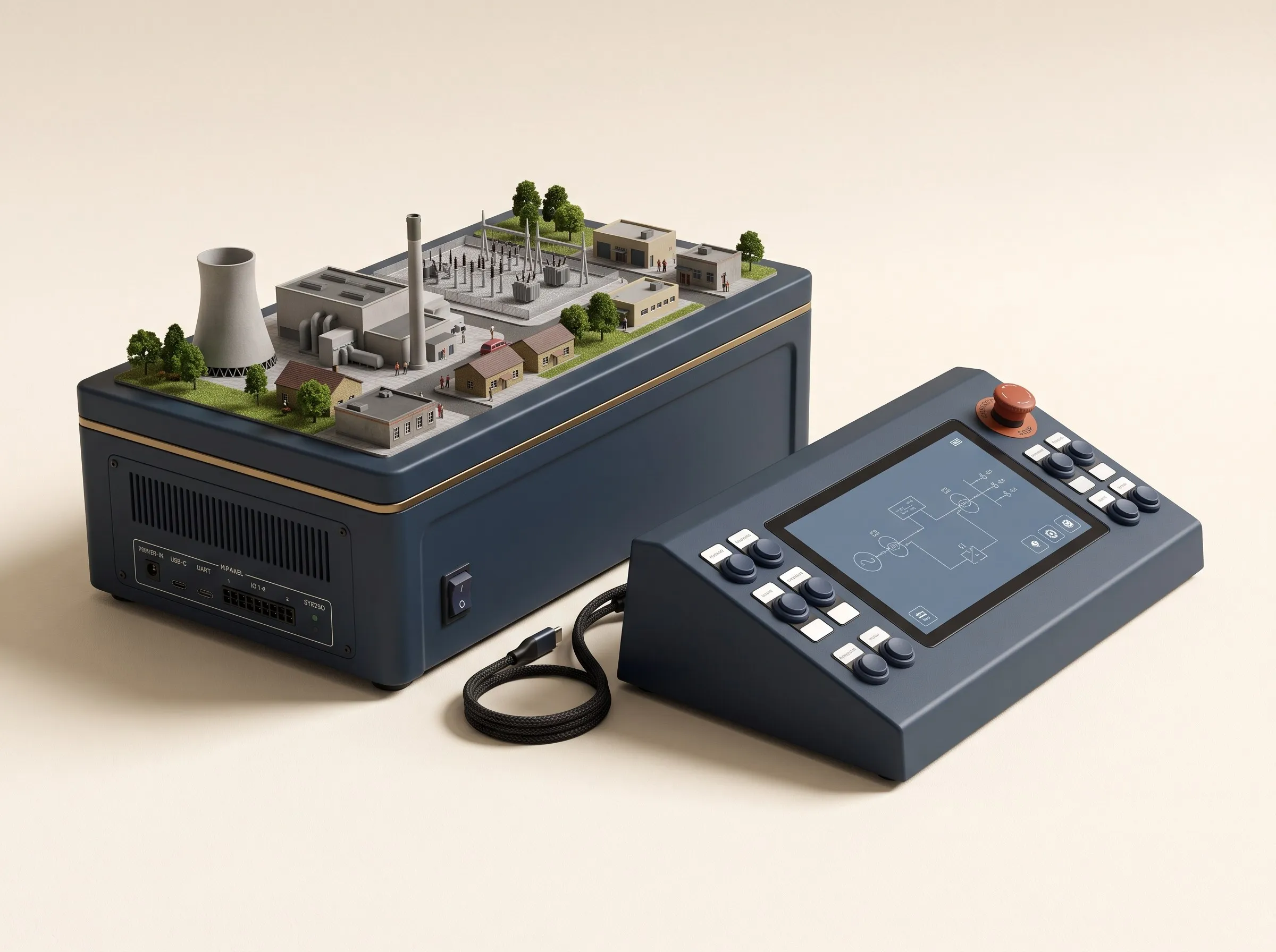 Render of a CurioLabs unit: a miniature power station with a cooling tower and substation, connected to a control console showing a single-line diagram