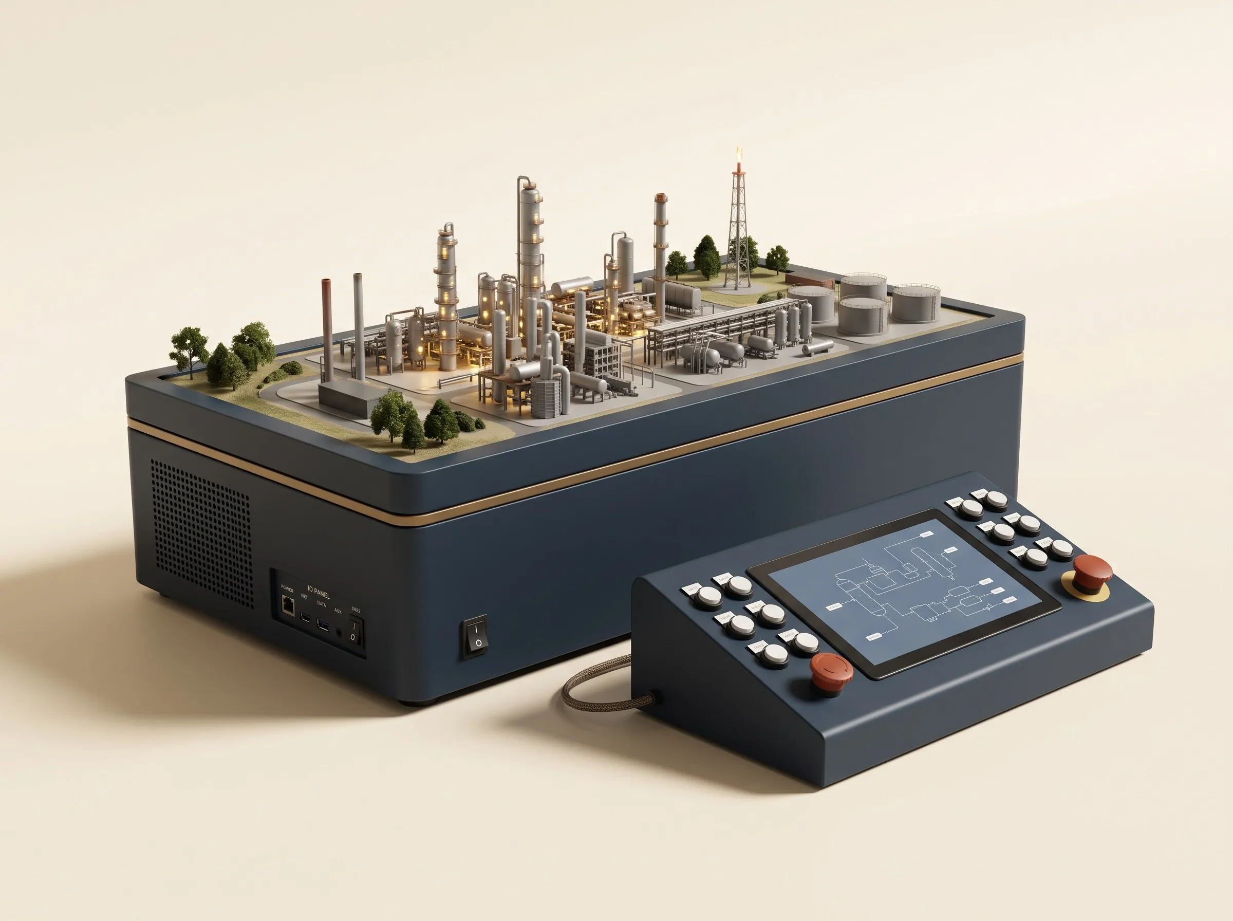 Render of a CurioLabs unit: a miniature industrial plant with towers, pipework and storage tanks, connected to a control console showing a process diagram