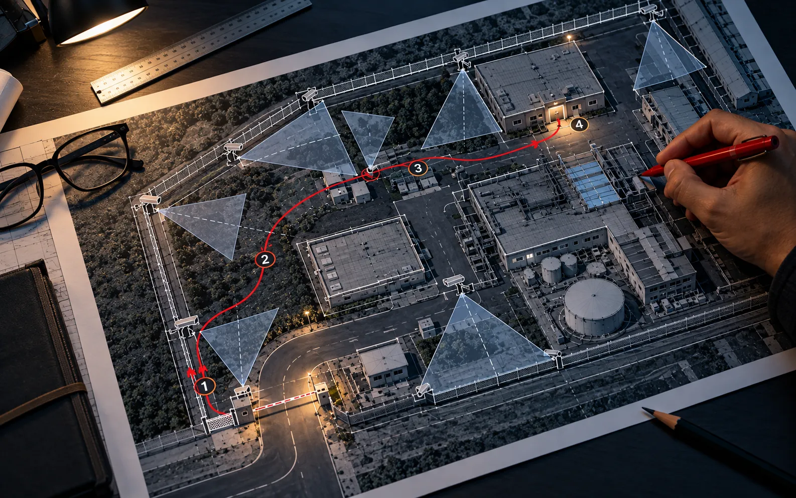 A site plan with camera coverage zones and a numbered intrusion route traced in red